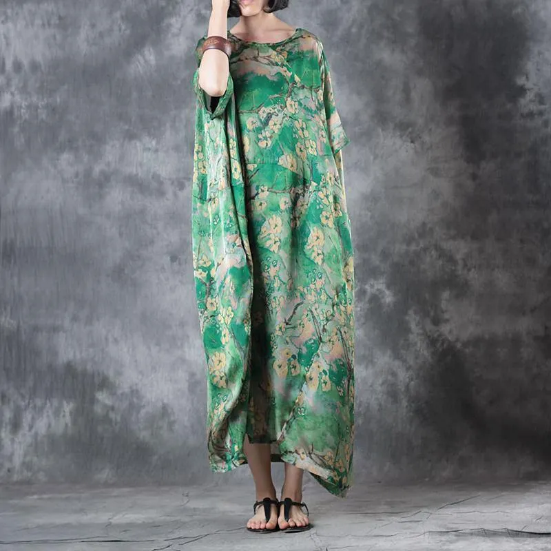 2018 green floral natural silk dress Loose fitting O neck baggy dresses traveling clothing Elegant short sleeve silk long dresses