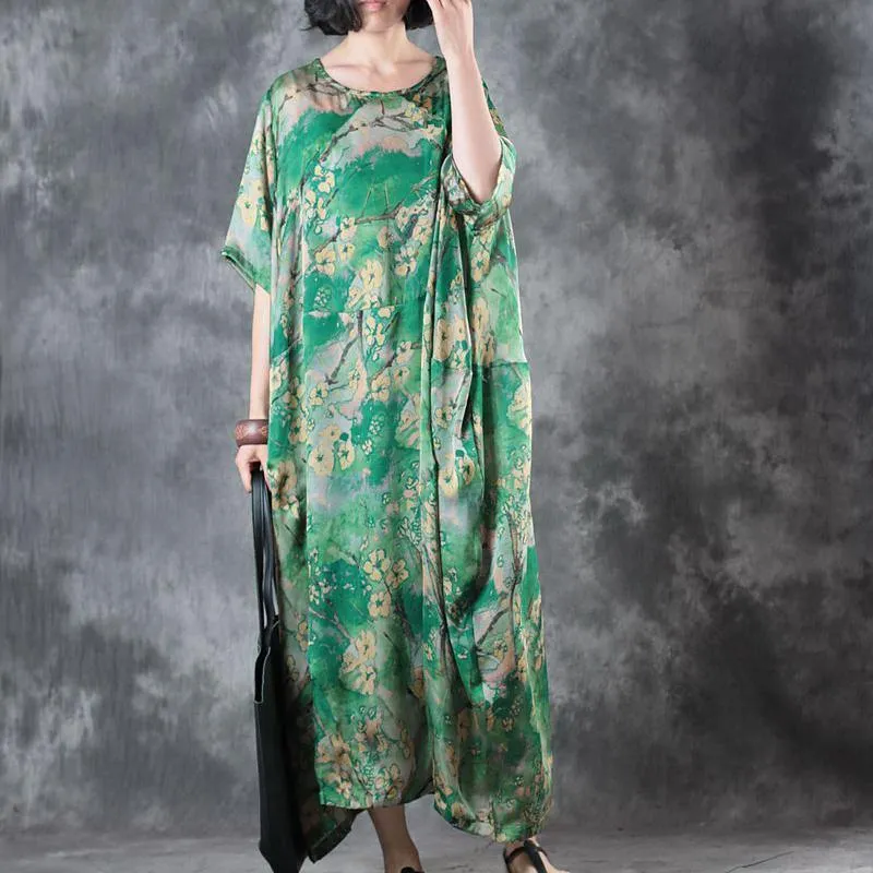 2018 green floral natural silk dress Loose fitting O neck baggy dresses traveling clothing Elegant short sleeve silk long dresses