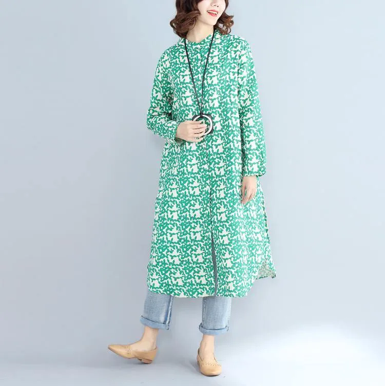 2018green print long cotton linen dresses plus size clothing Stand cotton linen gown casual long sleeve side open baggy dresses