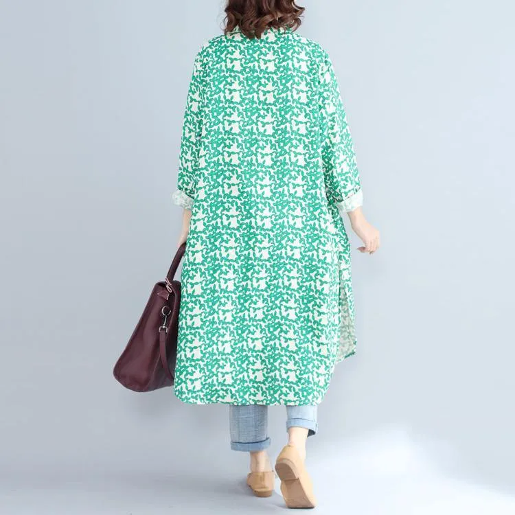 2018green print long cotton linen dresses plus size clothing Stand cotton linen gown casual long sleeve side open baggy dresses