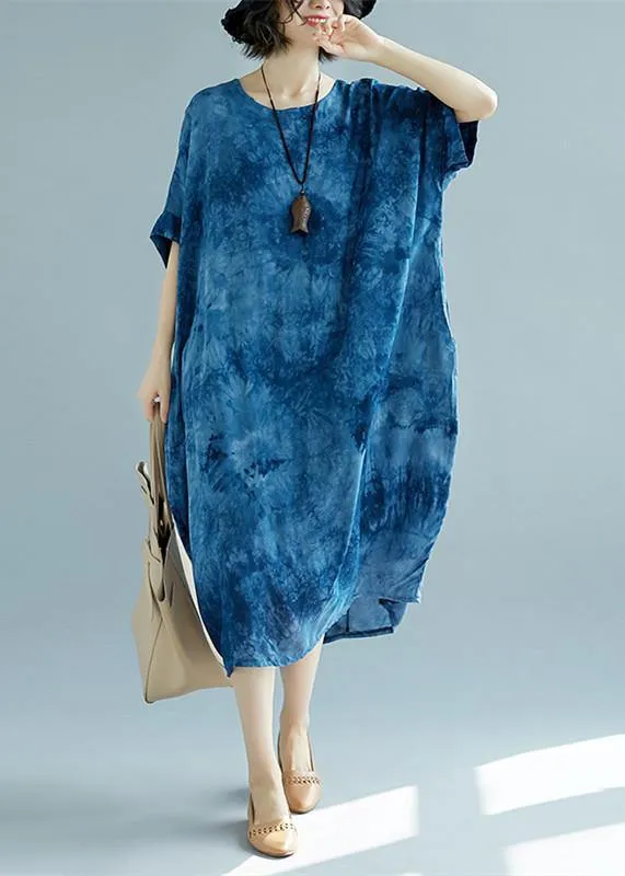 2019 blue long linen dress plus size O neck floral linen clothing dresses casual short sleeve baggy dresses linen caftans