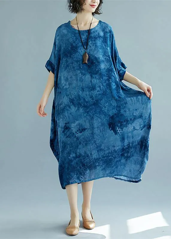 2019 blue long linen dress plus size O neck floral linen clothing dresses casual short sleeve baggy dresses linen caftans