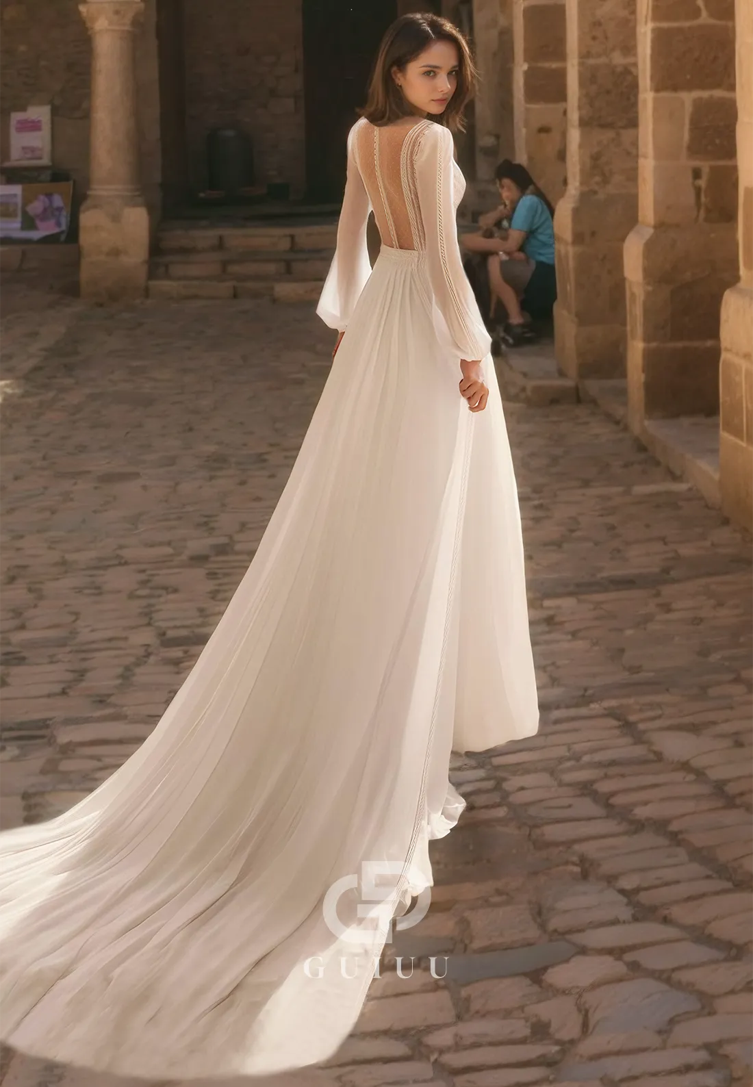 A-Line V Neck Long Sleeves Chiffon Wedding Dress with Train