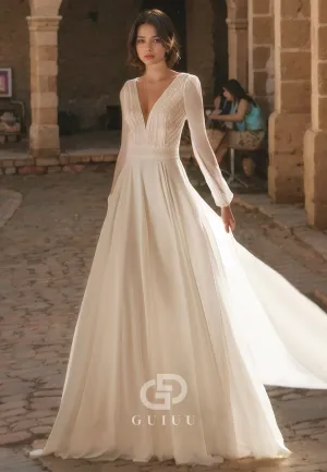 A-Line V Neck Long Sleeves Chiffon Wedding Dress with Train