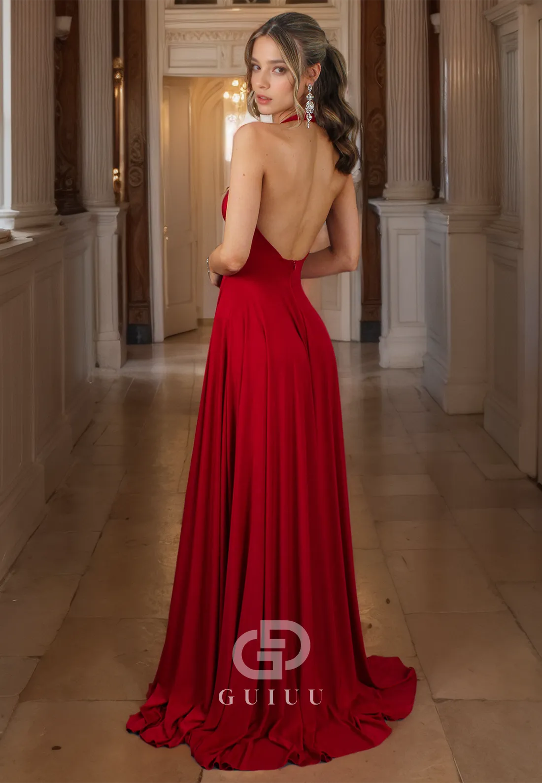 A-Line V Neck Straps Sleeveless Pleated Long Prom Dresss with High Side Slit and Train