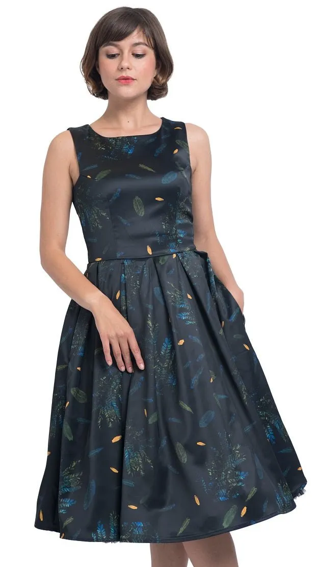 Annie Retro Inspired Dress in Navy with Leaf Print