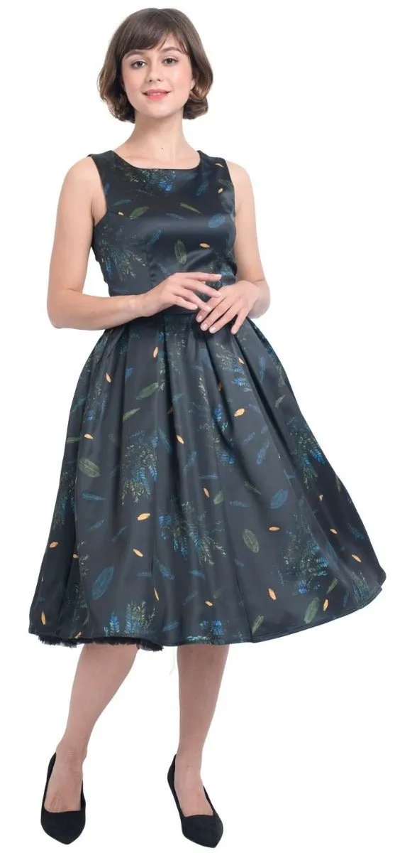 Annie Retro Inspired Dress in Navy with Leaf Print