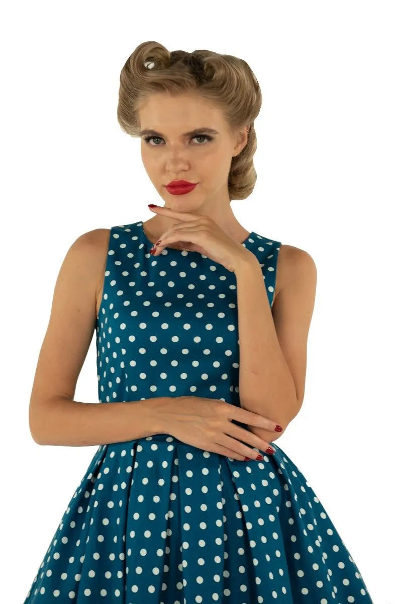 Annie Retro Polka Dot Dress in Peacock Blue