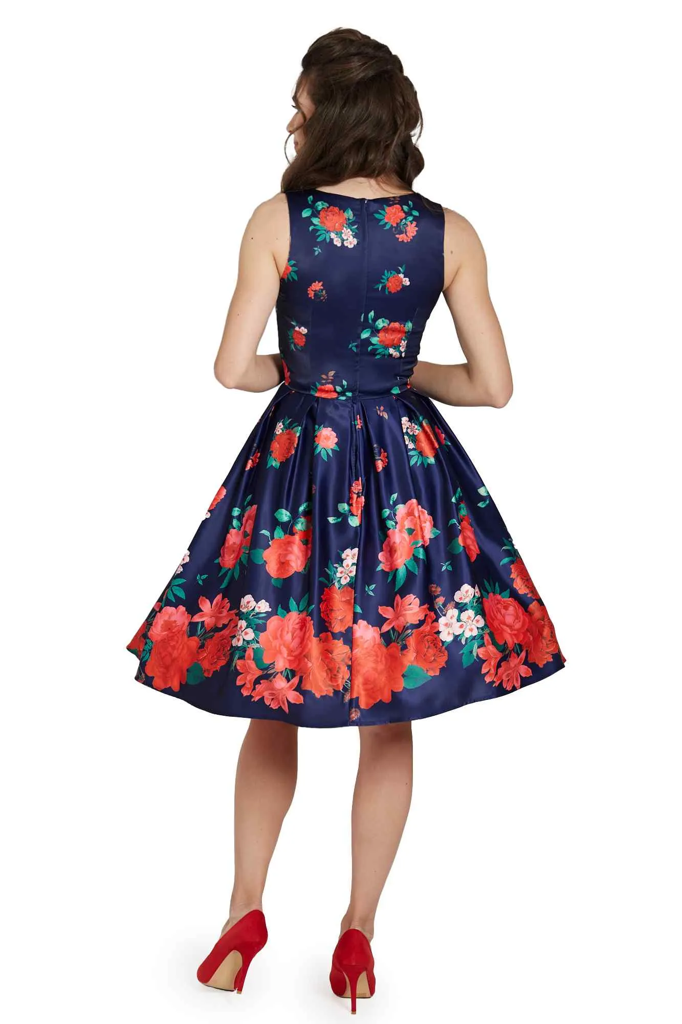 Annie Retro Swing Dress in Purple with Raising Rose Print