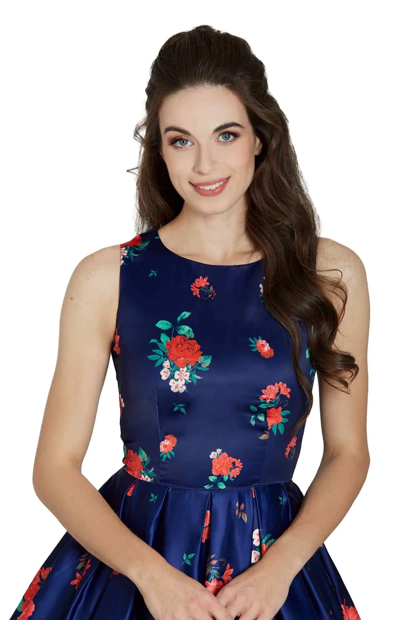 Annie Retro Swing Dress in Purple with Raising Rose Print