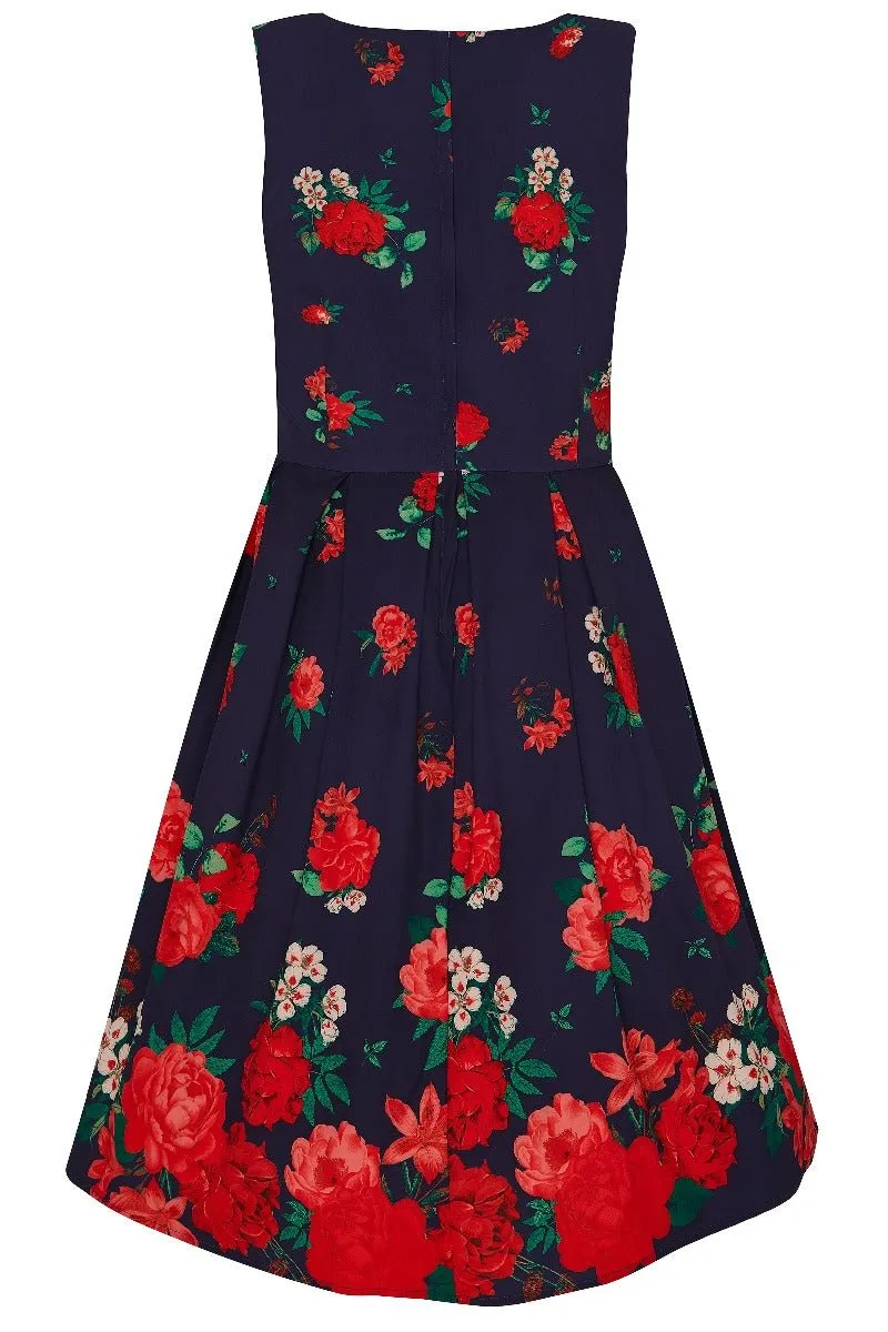 Annie Retro Swing Dress in Purple with Raising Rose Print