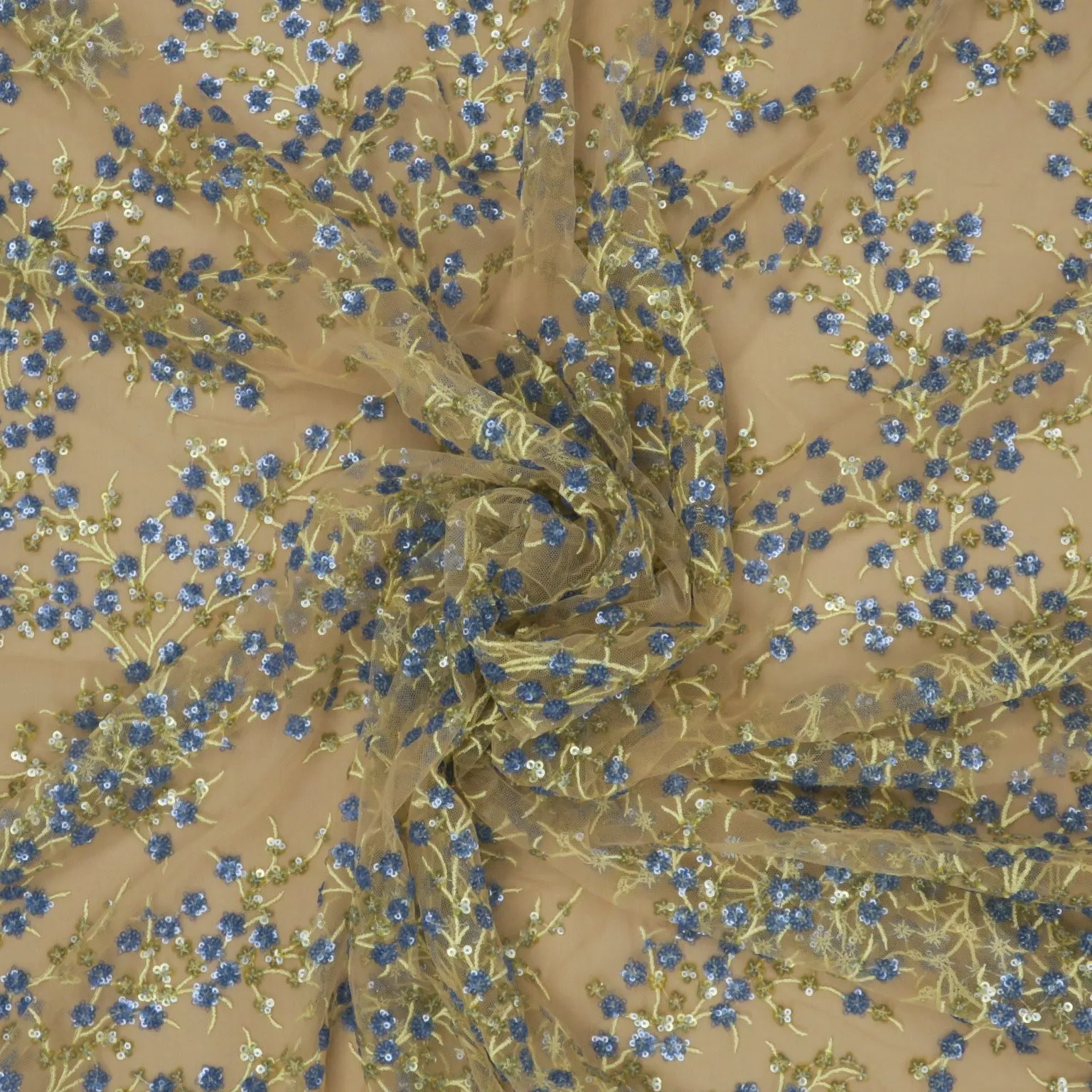 Beige and Blue Sequined Floral Embroidered Tulle Fabric