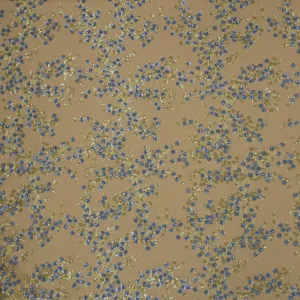 Beige and Blue Sequined Floral Embroidered Tulle Fabric