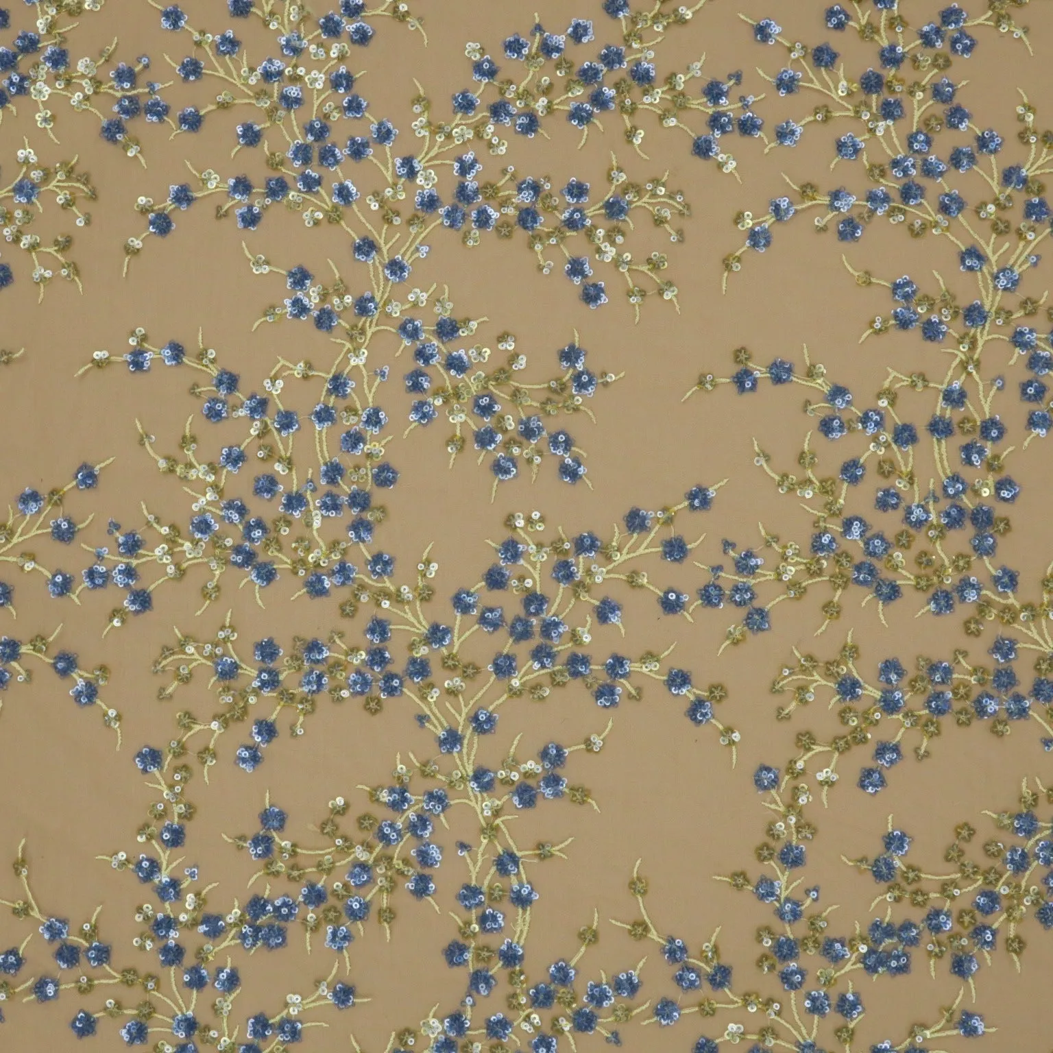 Beige and Blue Sequined Floral Embroidered Tulle Fabric