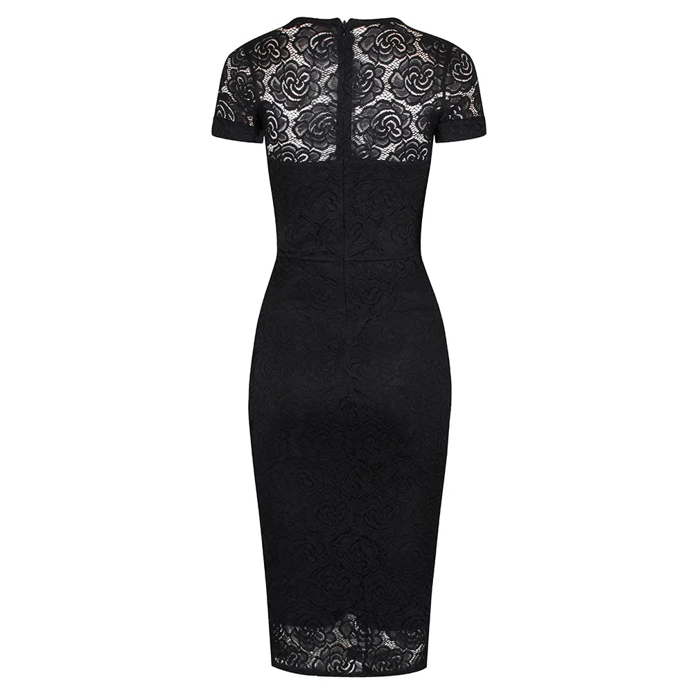 Black Cap Sleeve Lace Wiggle Pencil Cocktail Dress