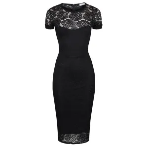 Black Cap Sleeve Lace Wiggle Pencil Cocktail Dress