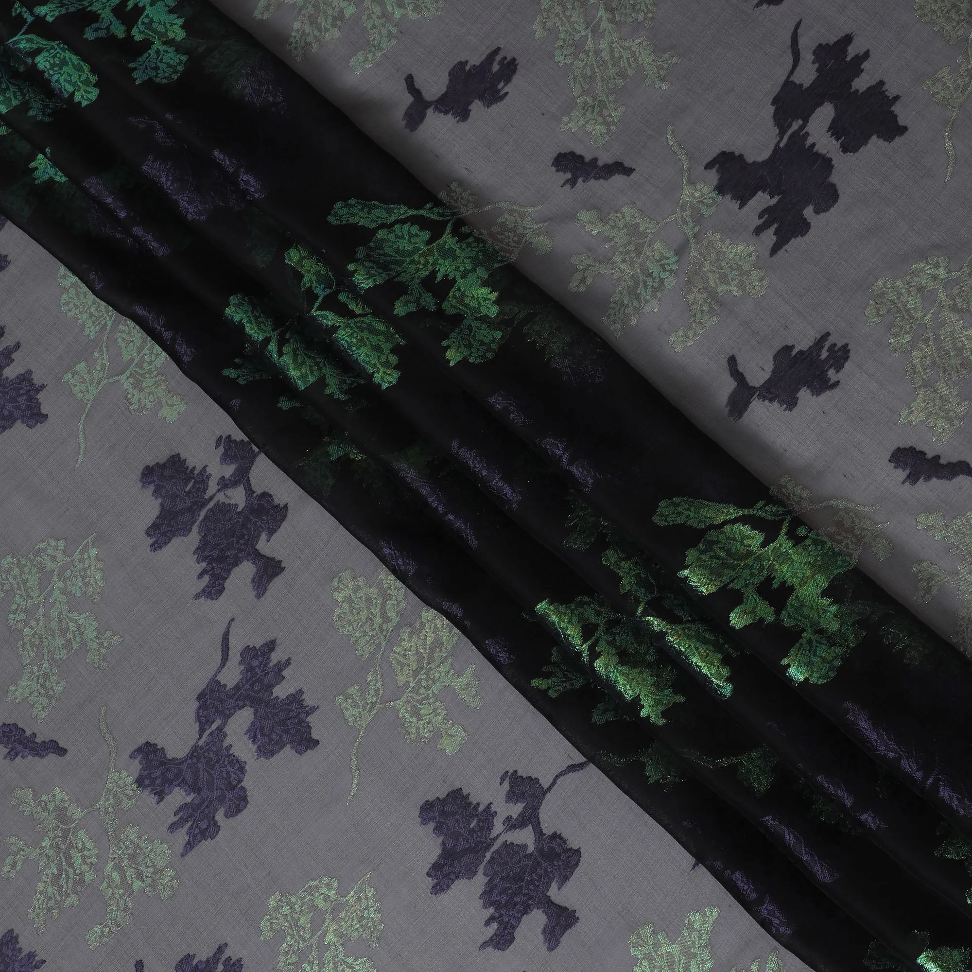 Black Silk Chiffon Fabric with Purple Lurex Floral Design, 110 cm Width - Imported from South Korea-D20232