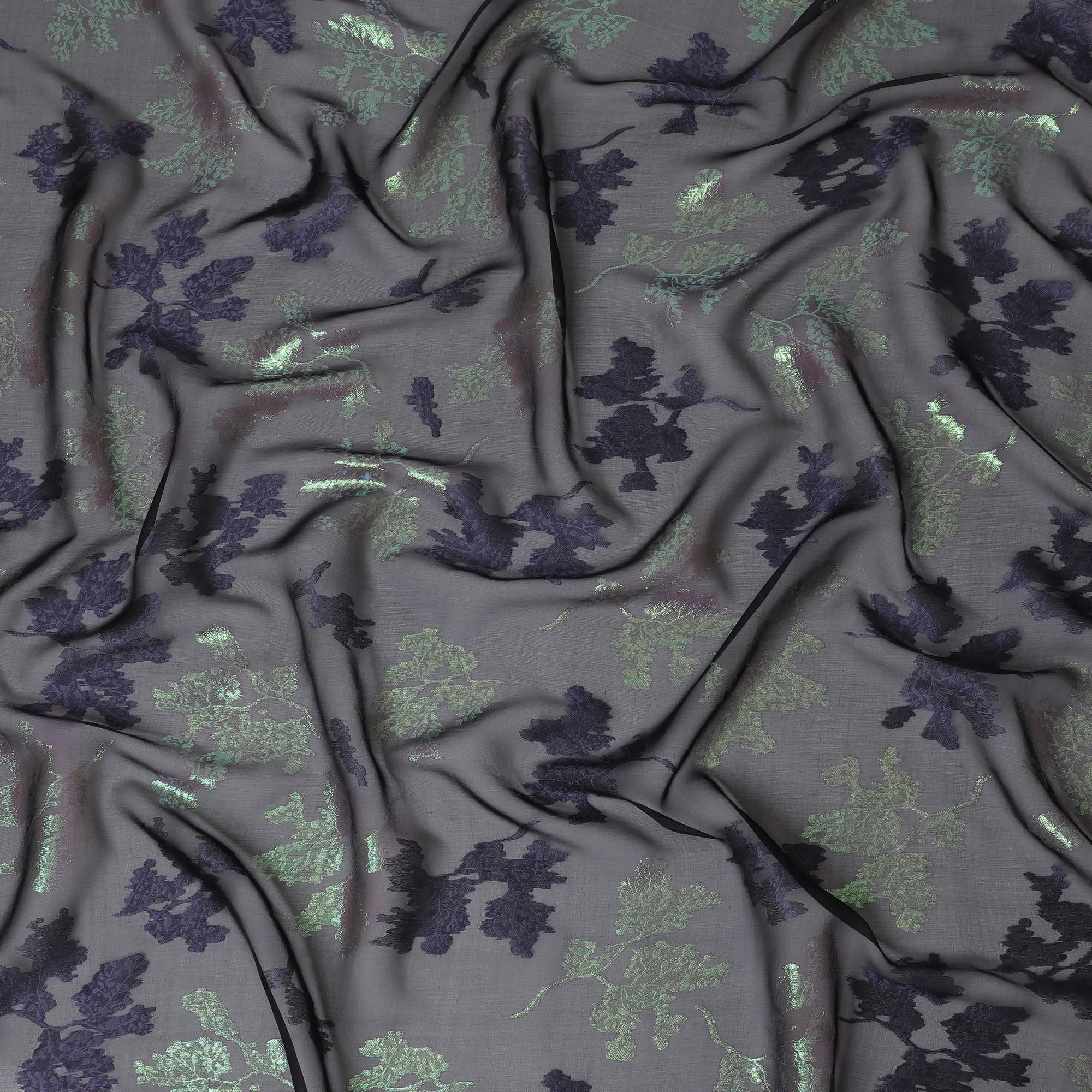 Black Silk Chiffon Fabric with Purple Lurex Floral Design, 110 cm Width - Imported from South Korea-D20232