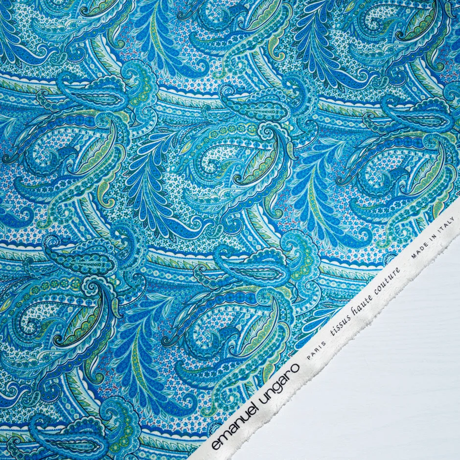 Blue & Green Paisley Printed Double Silk Satin