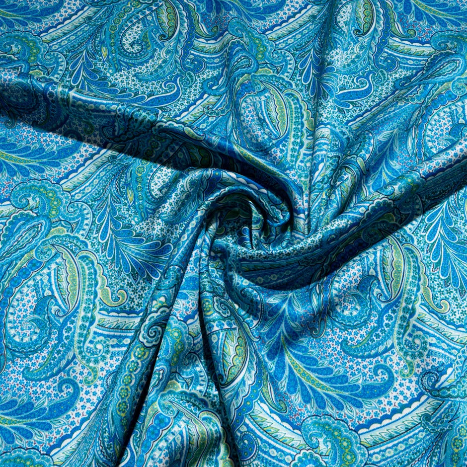 Blue & Green Paisley Printed Double Silk Satin