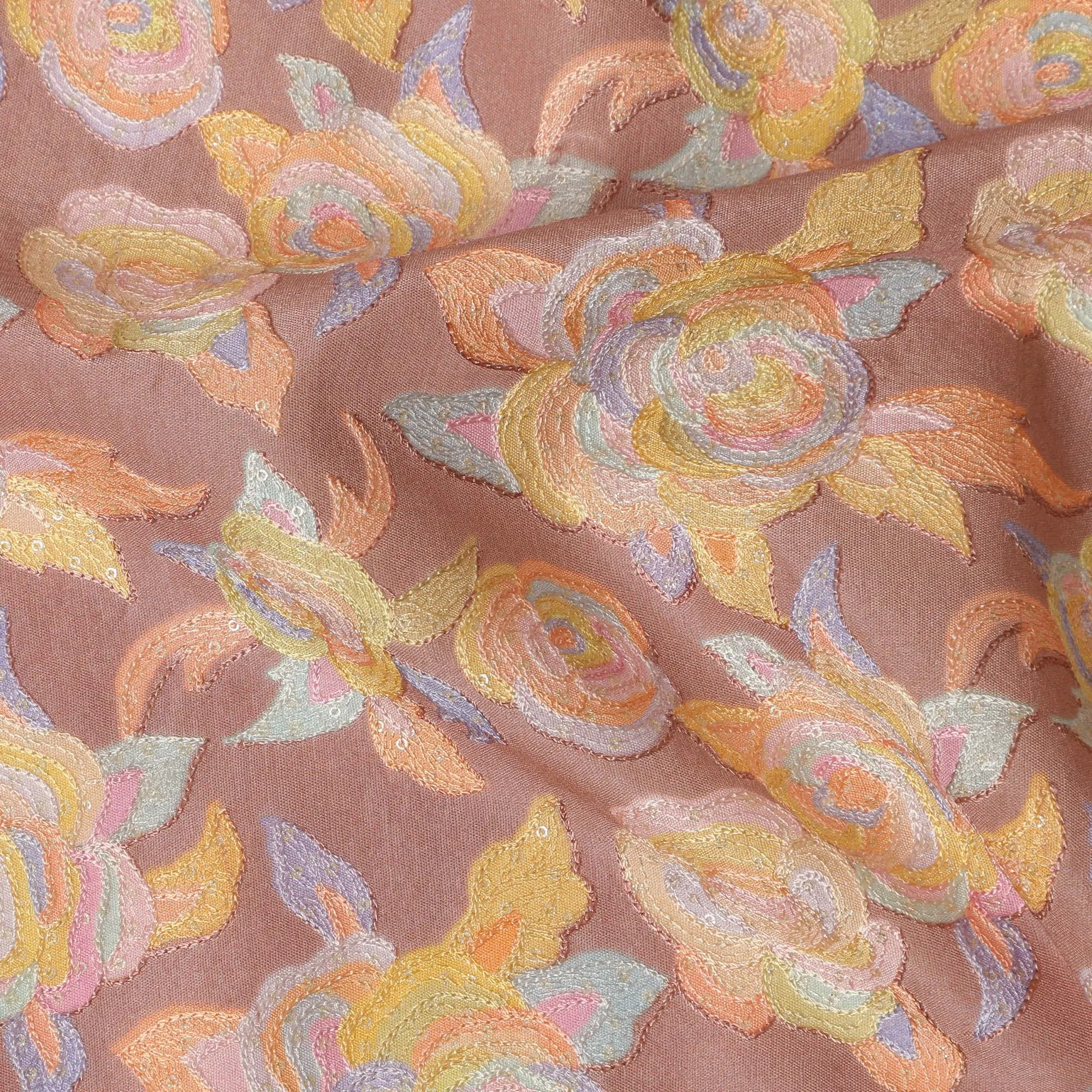 Blush Pink Pure Tussar Silk Fabric with Embroidery, 110 cm Width-D20694