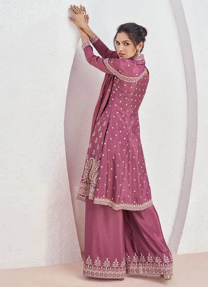 Blush Pink Sequence Embroidery Anarkali Style Palazzo Suit