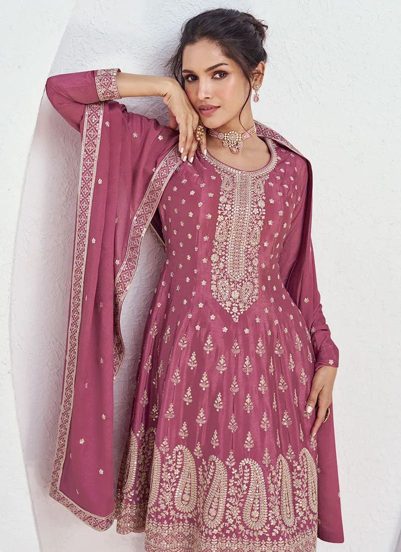 Blush Pink Sequence Embroidery Anarkali Style Palazzo Suit