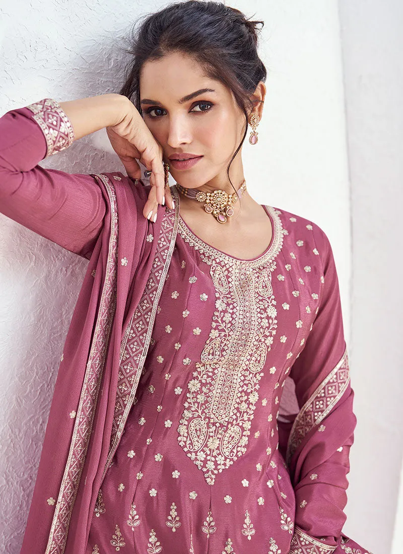 Blush Pink Sequence Embroidery Anarkali Style Palazzo Suit