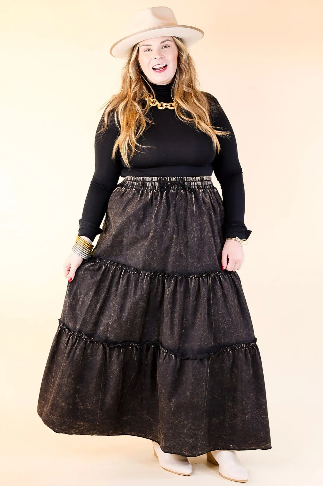 Boho Bliss Acid Wash Tiered Ruffle Maxi Skirt in Ash Black