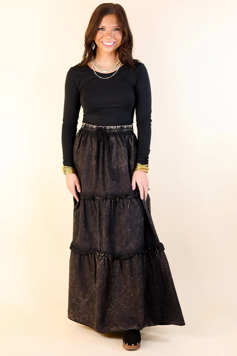 Boho Bliss Acid Wash Tiered Ruffle Maxi Skirt in Ash Black