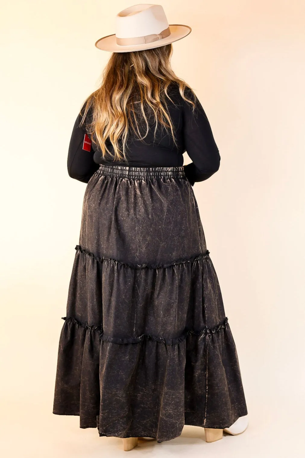 Boho Bliss Acid Wash Tiered Ruffle Maxi Skirt in Ash Black