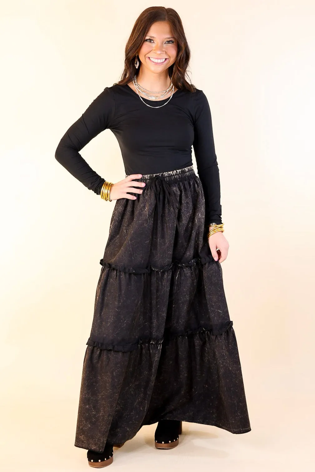 Boho Bliss Acid Wash Tiered Ruffle Maxi Skirt in Ash Black