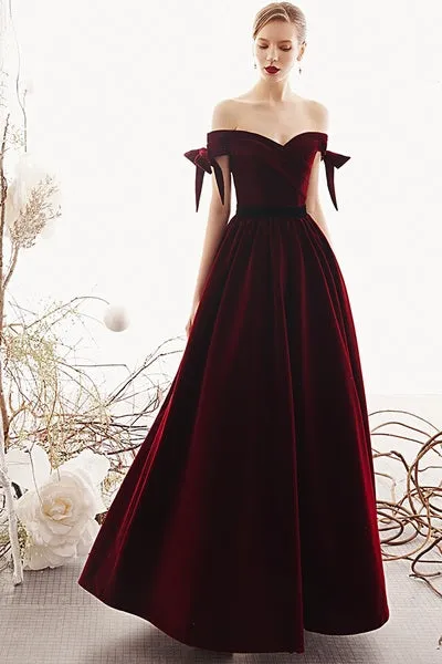 Charming Off The Shoulder Long A-line Burgundy Velvet Bridesmaid Dresses