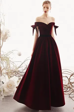 Charming Off The Shoulder Long A-line Burgundy Velvet Bridesmaid Dresses