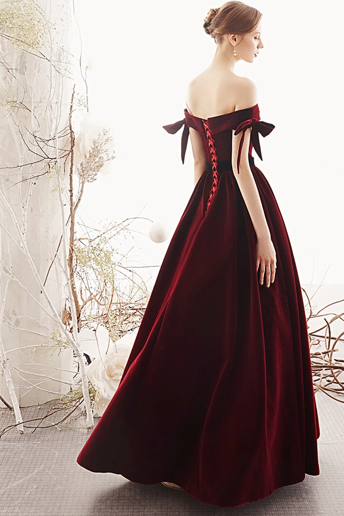 Charming Off The Shoulder Long A-line Burgundy Velvet Bridesmaid Dresses