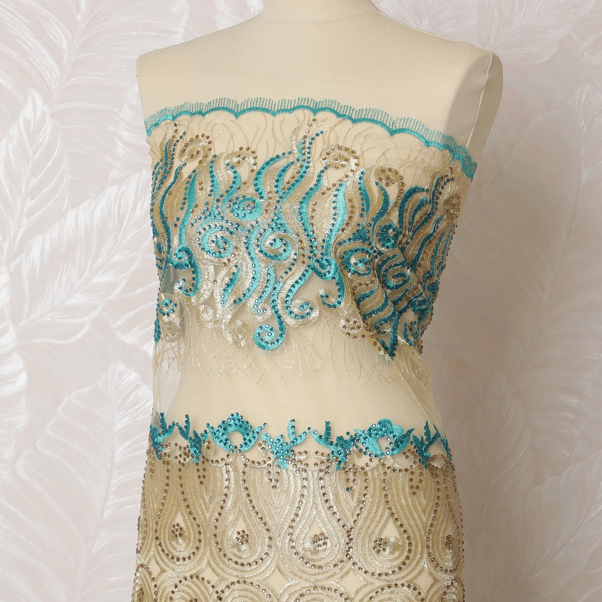 Chic Gold and Turquoise Embroidered Nylon Tulle Fabric, 140 cm Wide â€“ Elegant Swirl and Stripe Design-D19232