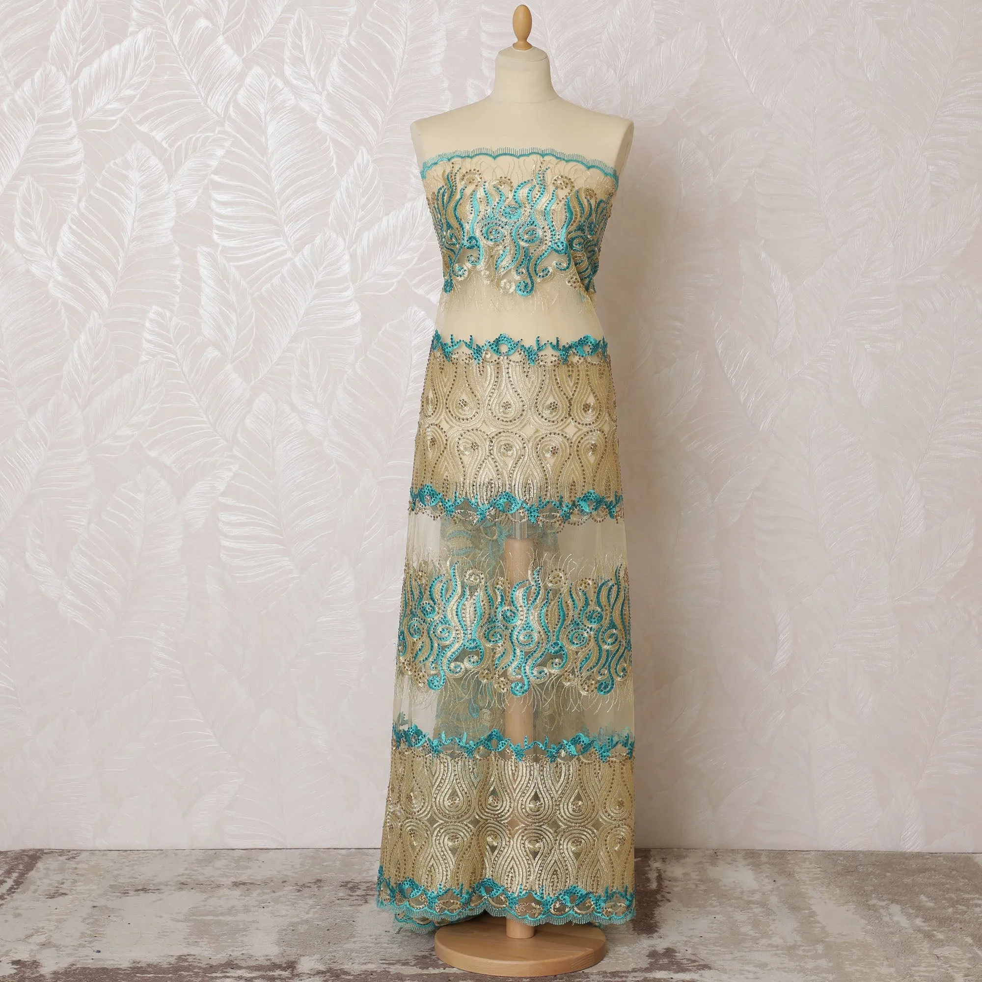 Chic Gold and Turquoise Embroidered Nylon Tulle Fabric, 140 cm Wide â€“ Elegant Swirl and Stripe Design-D19232