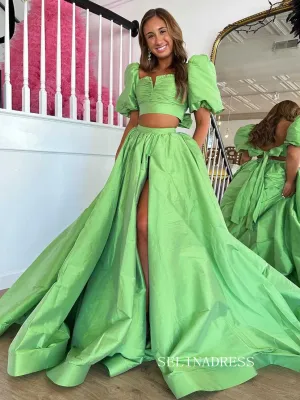 Chic Two Pieces Green Long Prom Dresses Elegant Puff Sleeve Cheap Evening Dress lpk123