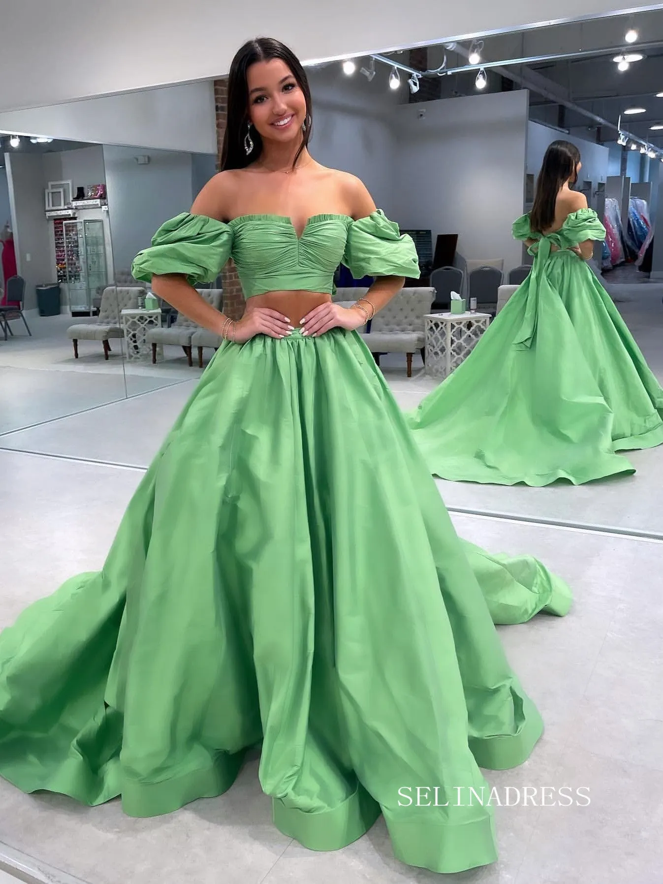 Chic Two Pieces Green Long Prom Dresses Elegant Puff Sleeve Cheap Evening Dress lpk123