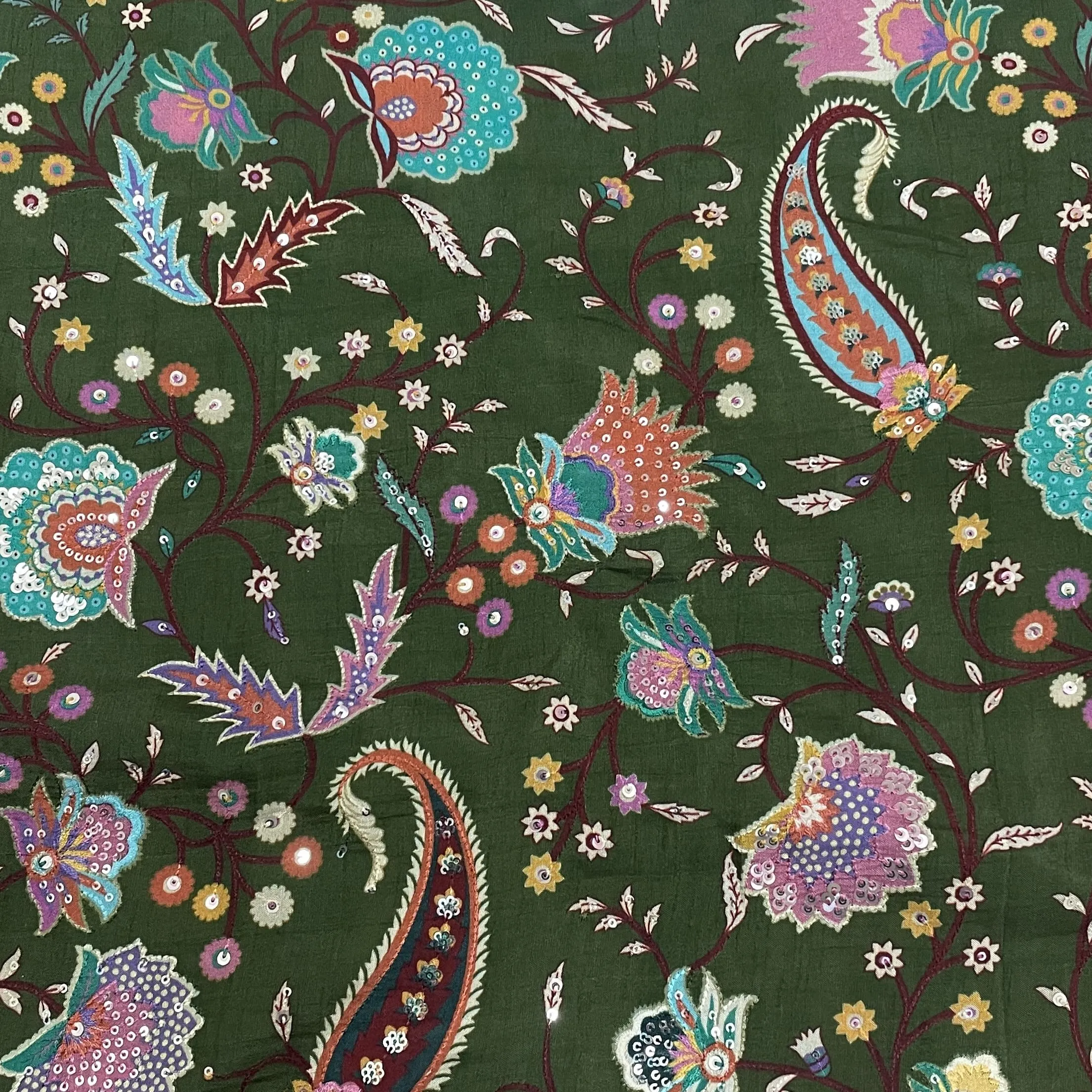 Classic Olive Green Multicolor Floral Sequins Embroidery Dola Silk Fabric