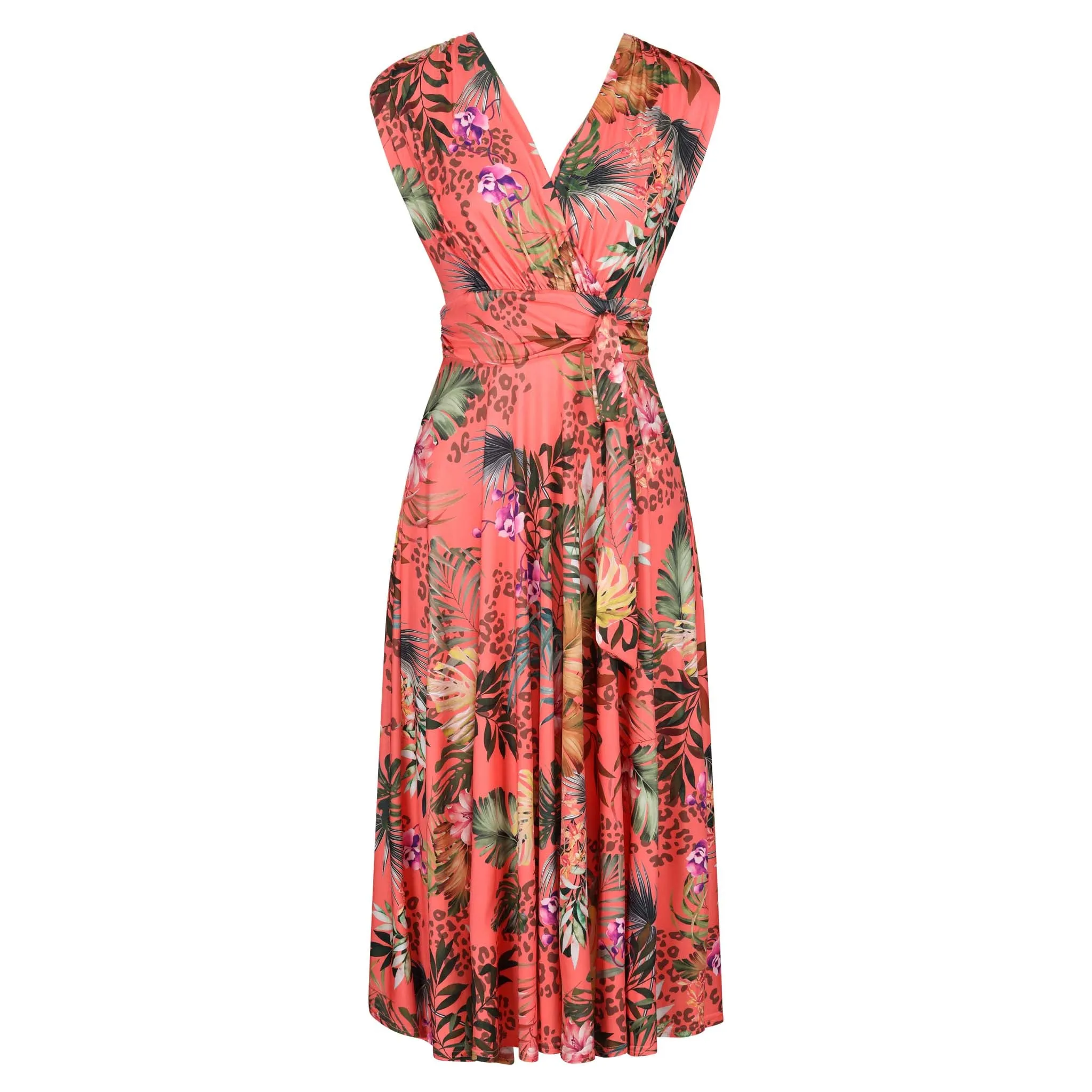 Coral Pink Tropical Floral V Neck Crossover Top Empire Waist Swing Dress