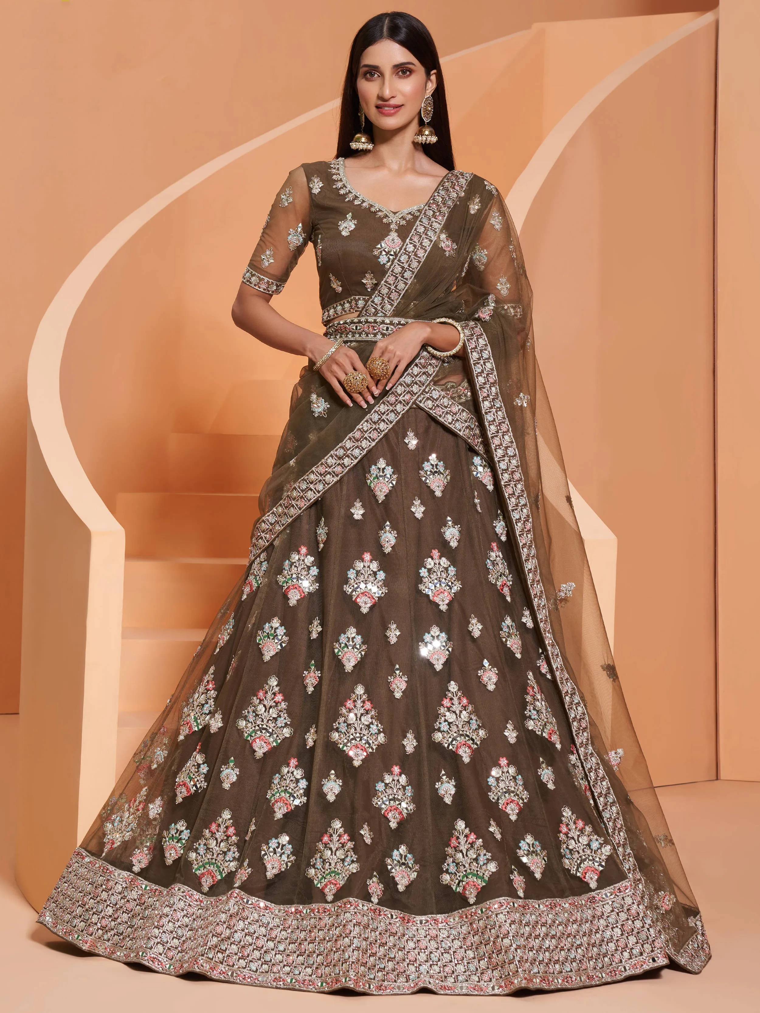 Cording Work Olive Green Wedding Wear Lehenga Choli