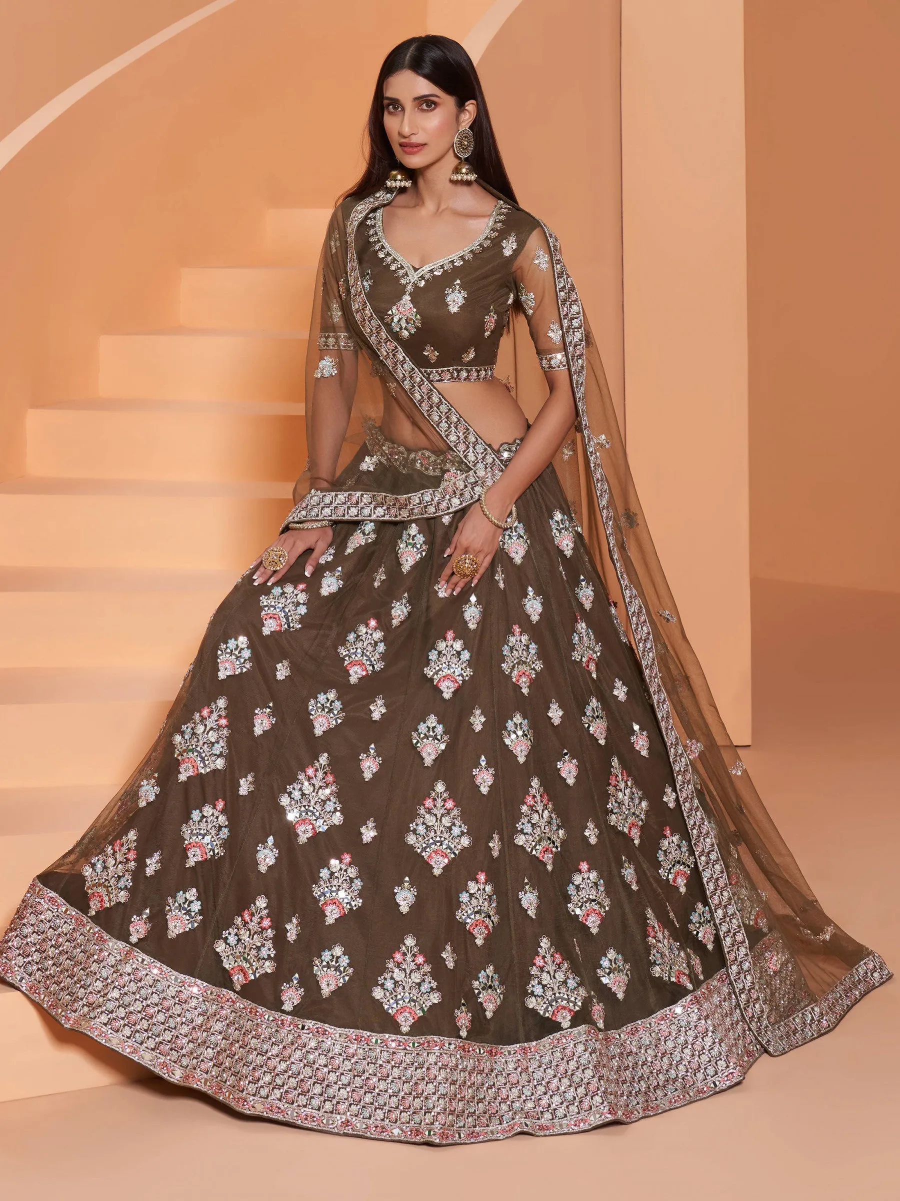 Cording Work Olive Green Wedding Wear Lehenga Choli