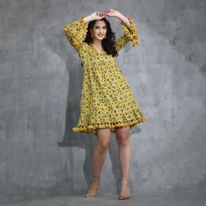 Cotton Midi Dress For Women | Tiered | Tassled | Yellow