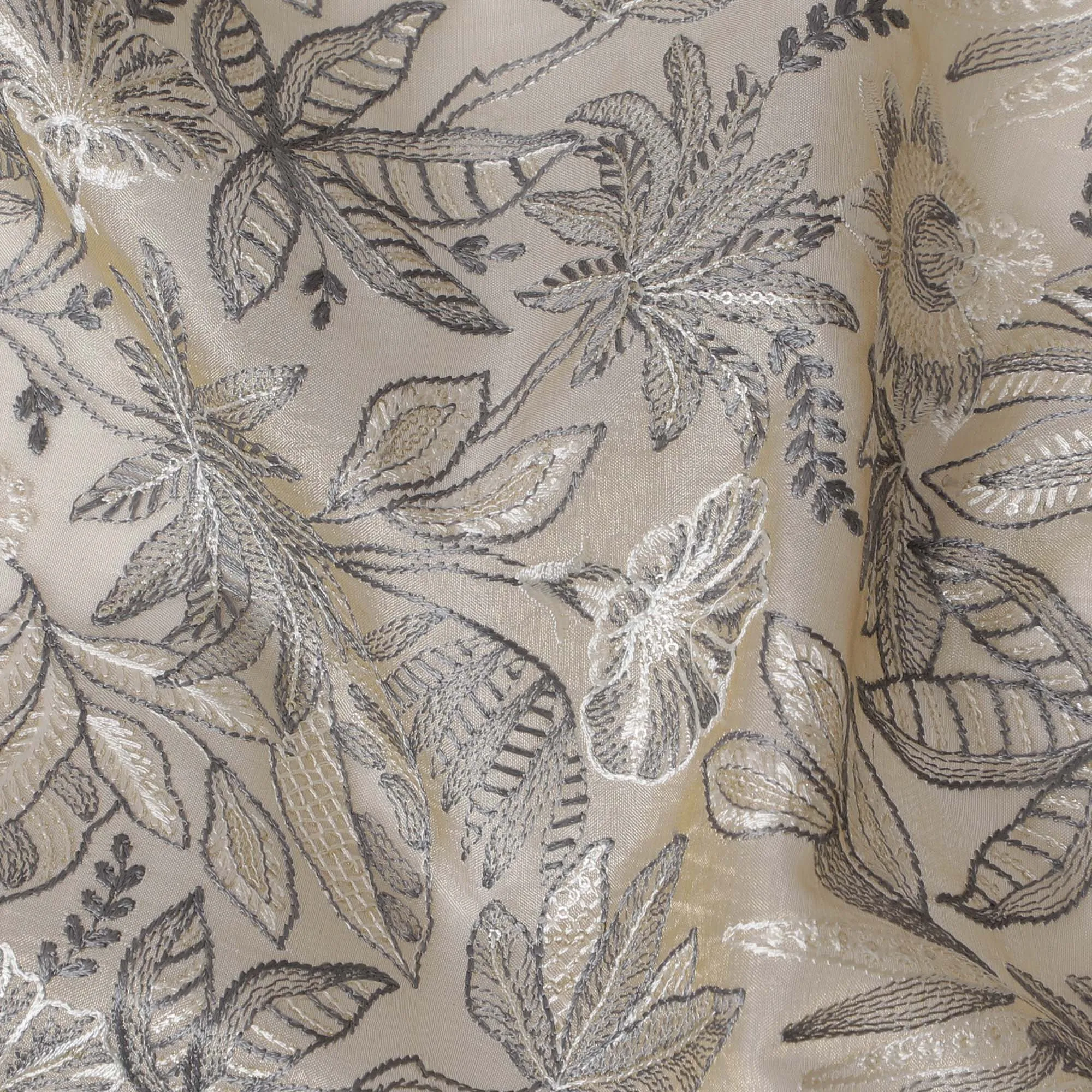 Elegant Beige Silk Organza Fabric with Silver Floral Embroidery - 110 cm Wide - D19628