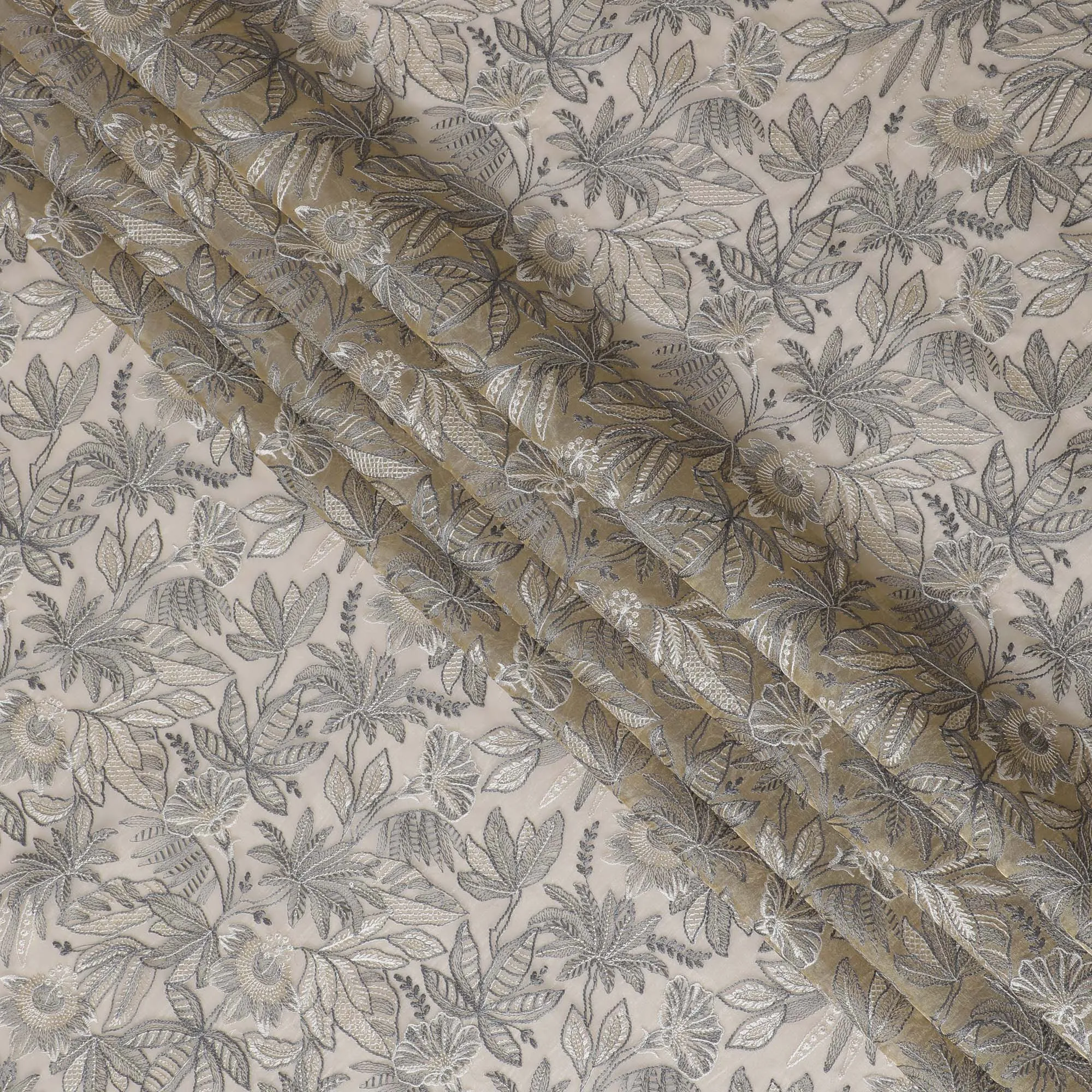 Elegant Beige Silk Organza Fabric with Silver Floral Embroidery - 110 cm Wide - D19628