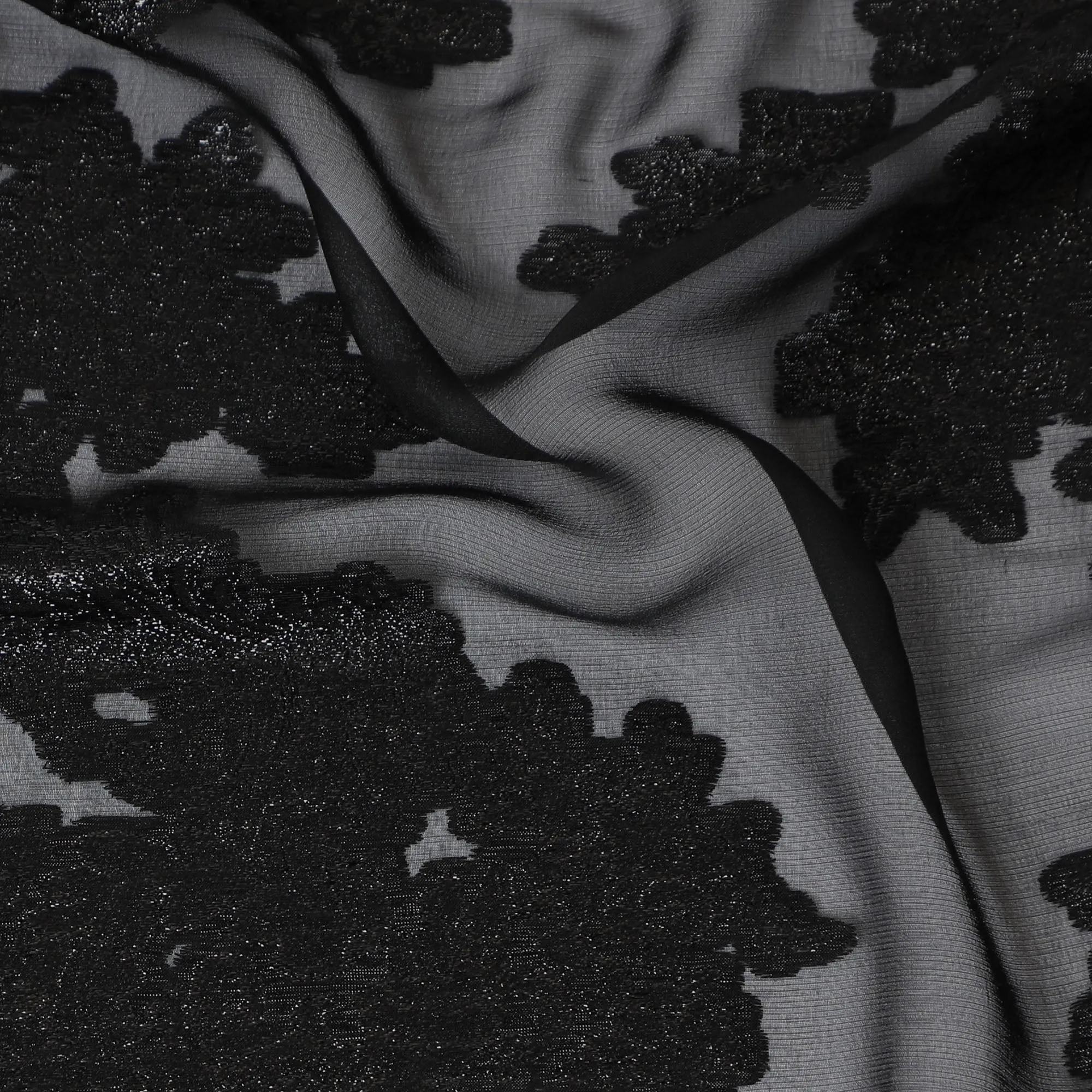 Elegant Black Silk Chiffon Fabric with Metallic Lurex Floral Design, 110 cm Width, South Korea-D19719