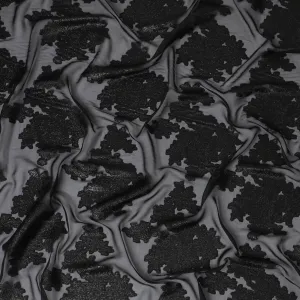 Elegant Black Silk Chiffon Fabric with Metallic Lurex Floral Design, 110 cm Width, South Korea-D19719