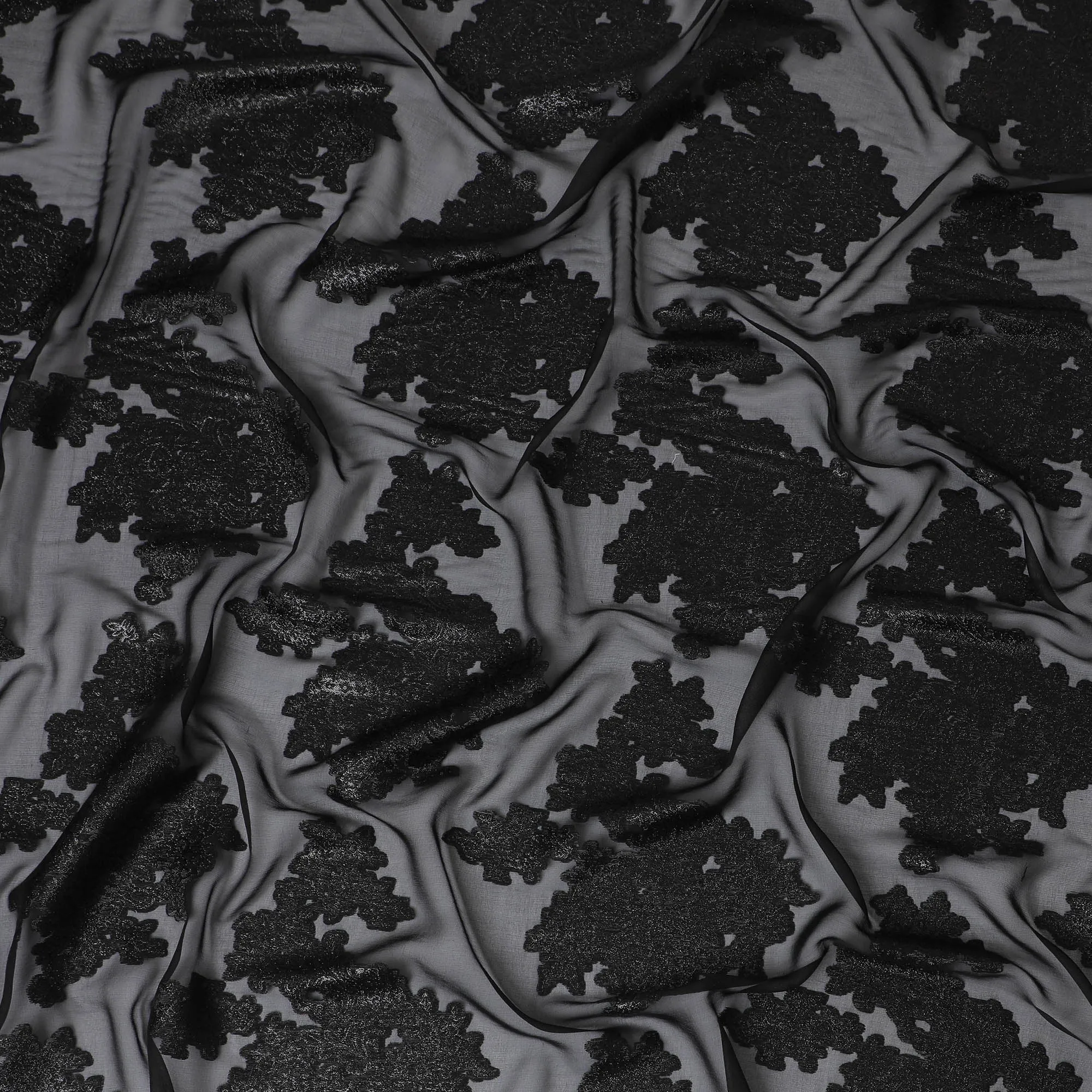 Elegant Black Silk Chiffon Fabric with Metallic Lurex Floral Design, 110 cm Width, South Korea-D19719