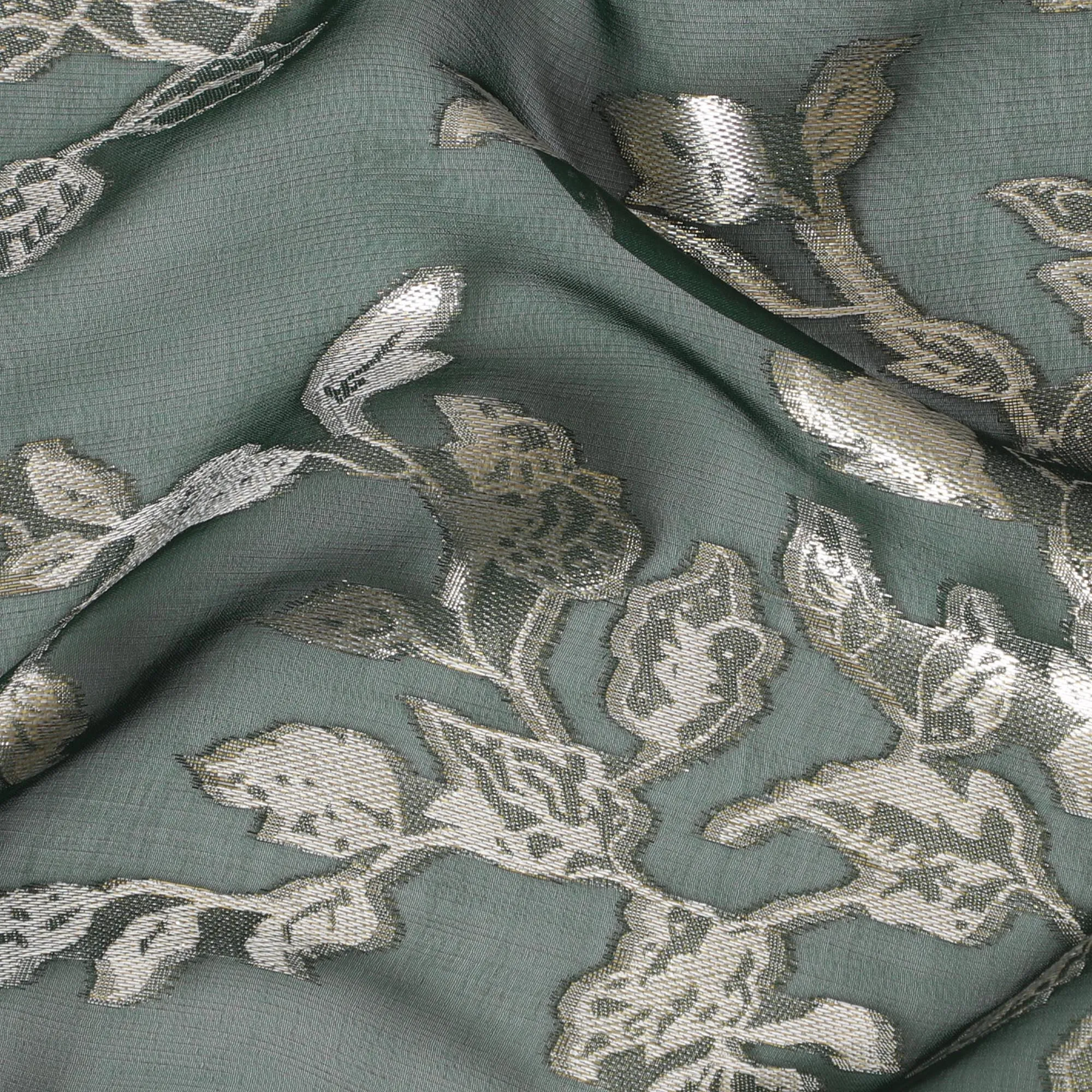 Elegant Bottle Green Silk Chiffon Fabric with Metallic Lurex Floral Design, 110 cm Width, South Korea-D19708